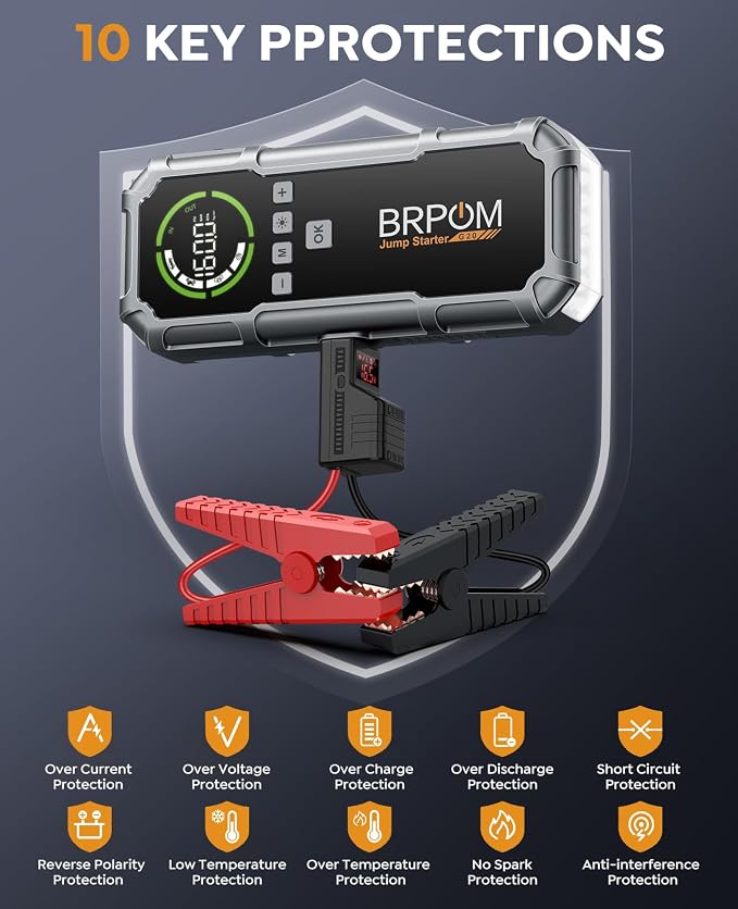 Jump Starter with Air Compressor, BRPOM 8000A Portable Car Jump Starter (All Petrol/12L Diesel), 160PSI 12V Battery Jump Starter Power Pack with Jump Clamps, LCD Screen, 600 Lumens Emergency Light