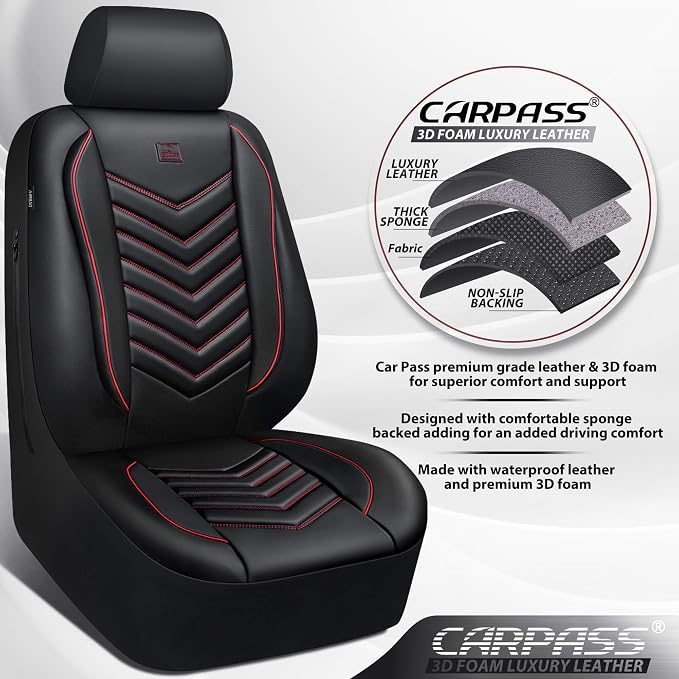 CAR PASS 3D Foam Faux Leather Seat Covers Front Seats,Waterproof Leather Front Seat Cover for Car,Universal Fit for SUV Truck Sedan Automotive,Armrest Airbag Compatible Anti-Slip, Black and Red