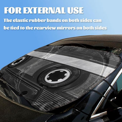Black White Retro Car Front Window Sun Shield Cassette Music Tape Heatshield Front Window Car Sun Shade Windshield Rays Sun Shade Visor Protector for Car Sedan Truck SUV Accessories 59" L x 31.5" W