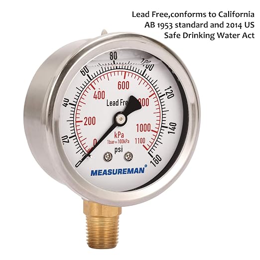 MEASUREMAN Lead-Free Pressure Gauge, 2-1/2inch Dial, Glycerin Filled, 0-160psi/kpa, Stainless Steel Case, 1/4inchNPT Lower Mount