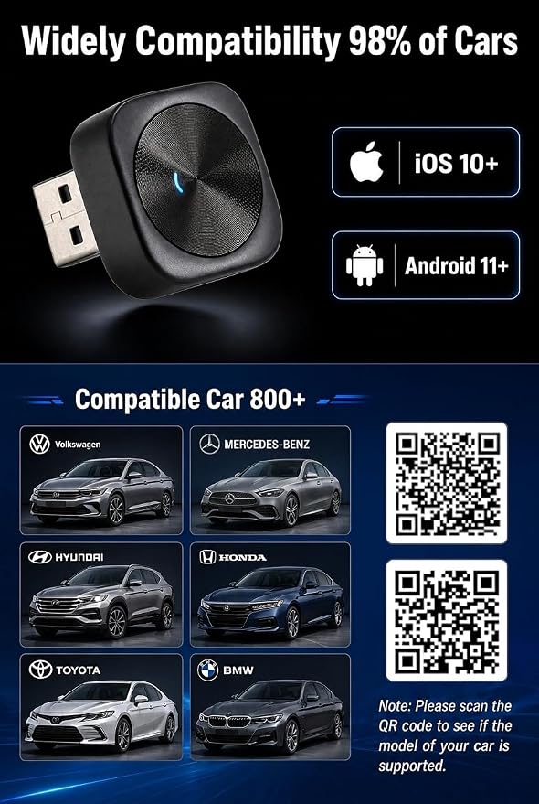Wireless CarPlay Adapter for iPhone & Android with USB/USB-C Port, 2026 Upgraded 2-in-1 Android Auto Mini Car Play Adapter, Plug & Play Dongle, Converts Wired to Wireless, No Delay Fast Auto-Connect