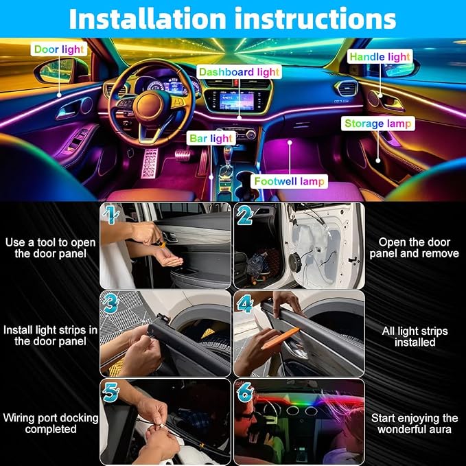 Acrylic Interior Car Ambient Lighting Kits, LED Strip Lights with Wireless APP, Neon Fiber Optic Lights Function LED Strip for Car with Music Modes (6 in 1)