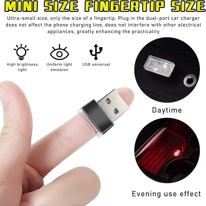 Augeny 4 PCS USB LED Car Interior Atmosphere Lamp, Plug-in USB Decor Night Light, Portable Auto Ambient Lighting Kit, Universal Vehicle Interior Accessories for Most Cars (Blue+Ice Blue+Red+Purple)