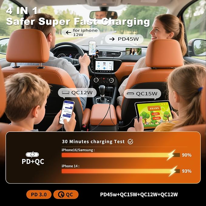Retractable Car Charger, 4 in 1 Car Charger USB C Fast Charge, Cigarette Lighter USB Charger, Travel Essentials Car Accessories Gifts for Men Women for iPhone 17 16 15 14 13 12 Pro Max, Samsung