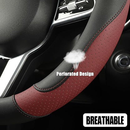 Microfiber Leather Steering Wheel Cover, Breathable, Anti Slip, 13.5 inch to 14 inch, Black with Burgundy