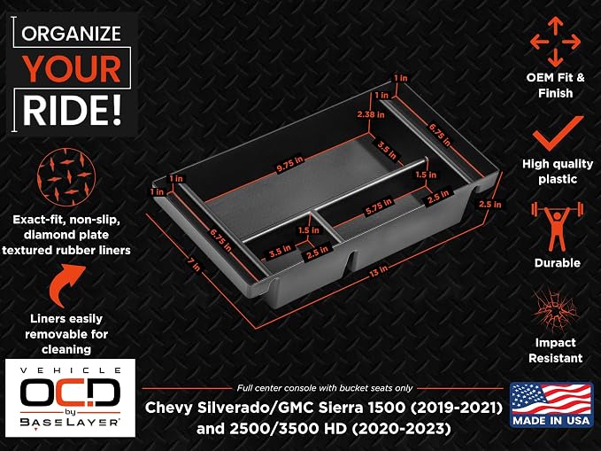 Center Console Organizer Tray for Chevy Silverado 1500 / GMC Sierra 1500 (2019-2021) & 2500/3500 HD (2020-2023) (Full Console w/Bucket Seats ONLY) - Made in USA - SLX153