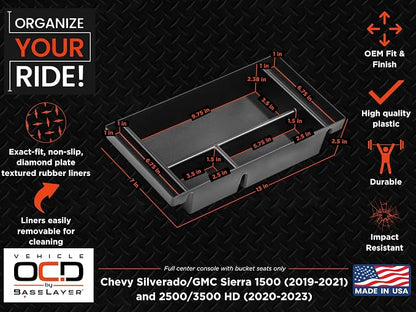 Center Console Organizer Tray for Chevy Silverado 1500 / GMC Sierra 1500 (2019-2021) & 2500/3500 HD (2020-2023) (Full Console w/Bucket Seats ONLY) - Made in USA - SLX153