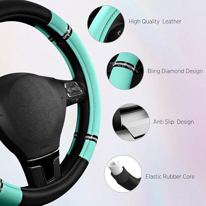 Road Comfort Leather Steering Wheel Cover – Premium Anti-Slip Car Steering Wheel Grip Cover – Universal Fit for 14.5”–15” Cars, Trucks & SUVs - Mint