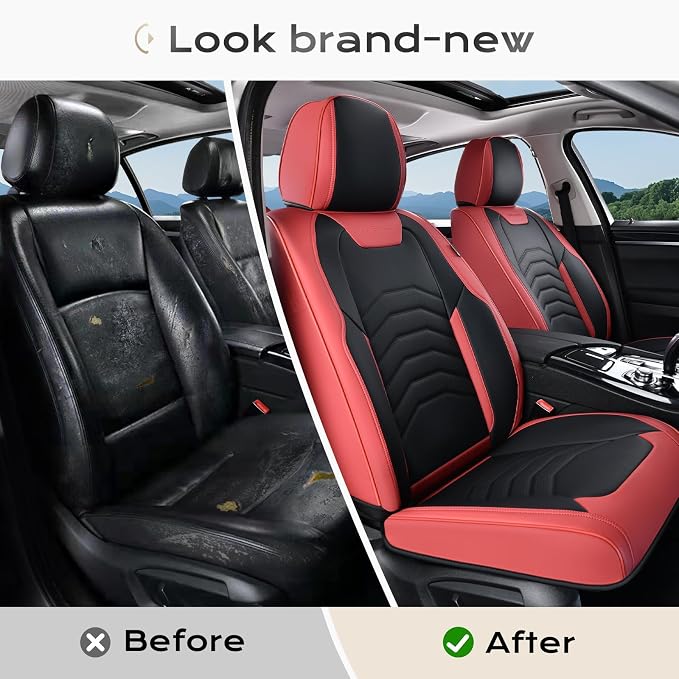 Coverado Front Seat Covers for Cars, 2 Pack Faux Leather Car Seat Covers, Waterproof Automotive Seat Covers Driver Car Seat Protector Car Seat Cushion Universal Fit for Most Cars Trucks SUV, Red&Black