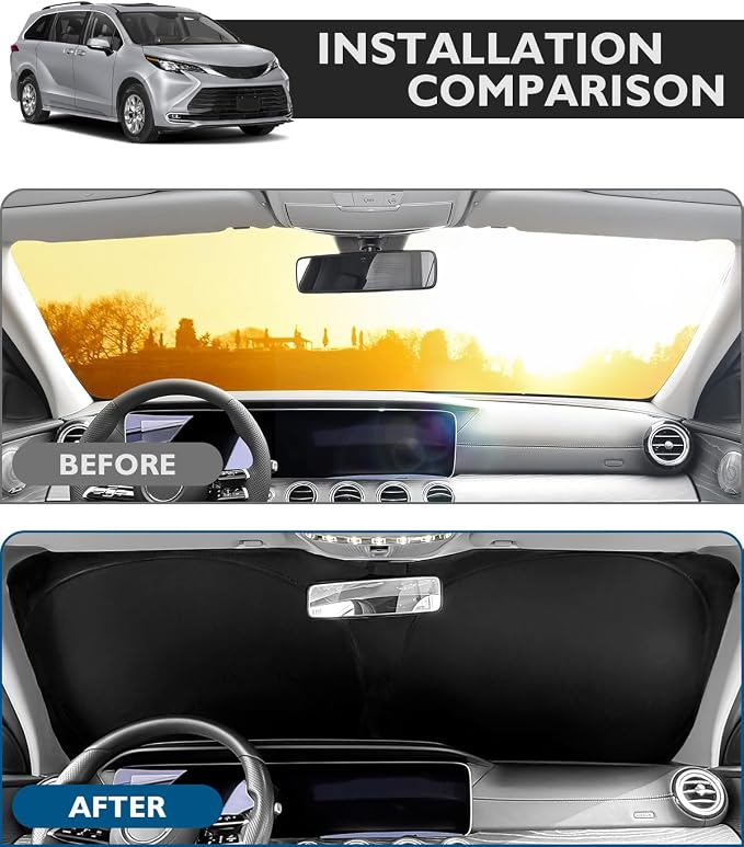 BIBLOZ Car Windshield Sun Shade for Toyota Sienna 2021-2025 2026 Accessories Foldable PET Sunshade Keeps The Car Cool Inside