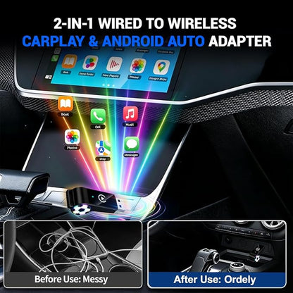2026 Wireless CarPlay Android Auto Adapter, 2 in 1 Plug and Play Wireless Adapter, Fast Auto Reconnect, Plug and Play for OEM Factory Wired CarPlay Vehicles