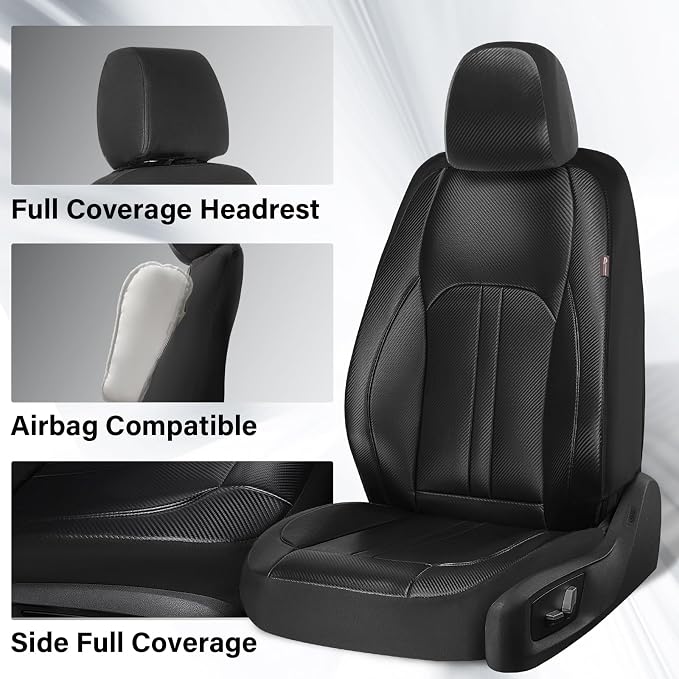 Coverado Leather Car Seat Covers Full Set & Carbon Fiber, Waterproof and Durable All Weather Protector, Universal Fit for SUV, Pickup Truck, Sedan, Automotive Vehicle Interior, Black