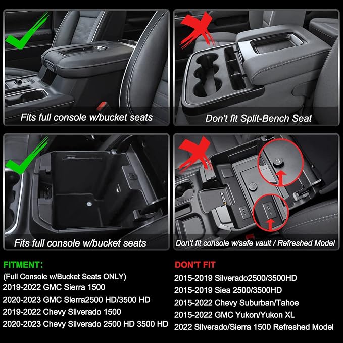 Center Console Organizer Compatible with 2019-2022 GMC Sierra/Chevy Silverado 1500 and 2020 2021-2023 Sierra/Silverado 2500HD/3500HD Accessories, Armrest Tray (Full Console w/Bucket Seats ONLY)