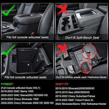 Center Console Organizer Compatible with 2019-2022 GMC Sierra/Chevy Silverado 1500 and 2020 2021-2023 Sierra/Silverado 2500HD/3500HD Accessories, Armrest Tray (Full Console w/Bucket Seats ONLY)