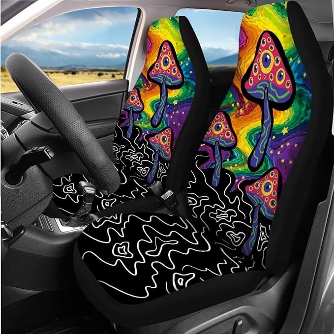 14 Pcs Abstract Mushroom Car Seat Covers with Steering Wheel Cover,Seat Belt Covers Cup Holder with Keychain,Eyes Mushroom Automotive Accessories Protector Set Universal Fit Cars SUV Trucks