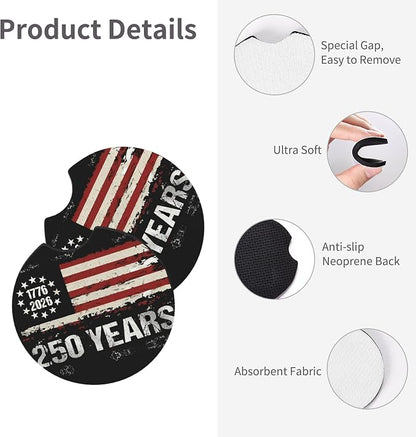 Anniversary American Flag Steering Wheel Cover 14-15 Inch +2Pc Car Coasters | Universal Anti-Slip Breathable for Men Women | Patriotic Car Accessories USA Flag Auto Interior Decor Gift