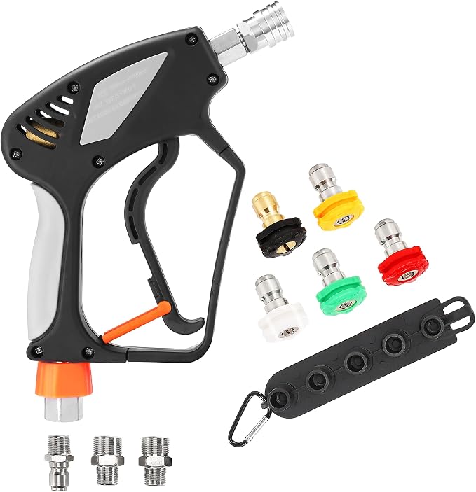 PWACCS Short Pressure Washer Gun with Swivel, 5000 PSI, Black | Power Washer Short Gun, 3/8" Quick Connector, M22 14mm/15mm Fitting, 5 Nozzle Tips with Holder