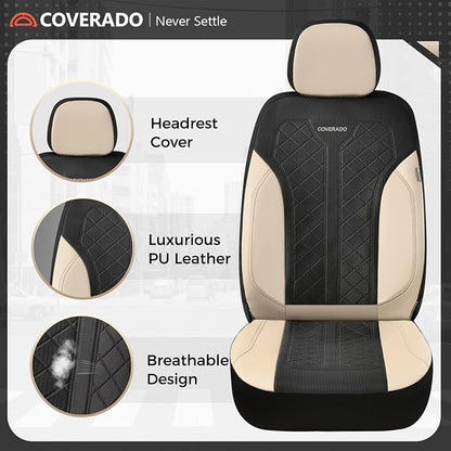 Coverado Front Seat Covers, Beige Seat Covers 2 Seats, Leather Car Protectors 2-Pack, Auto Seat Covers Spill-Proof Design Universal Fit for SUV, Vans, Sedan, Truck