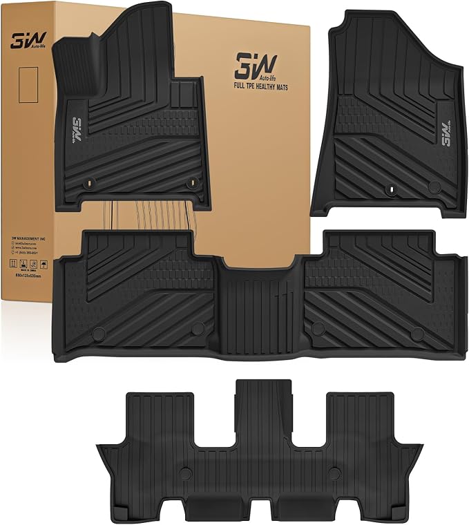 3W Floor Mats Fit for 2024 2025 2026 Hyundai Santa Fe (Not for Hybrid) 7 Seats, TPE All Weather Floor Liner Heavy Duty Car Accessories, Anti-Slip 1st & 2nd Rows Floor Liners, Black