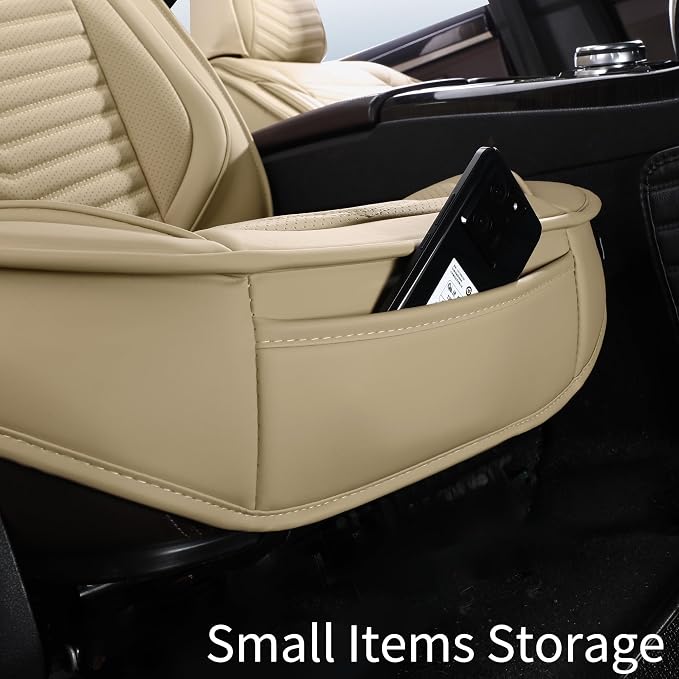 HChengkikz Nappa Leather Car Seat Covers Full Set, Beige Car seat Protector 5 Seats, Waterproof Car Seat Cushion, Universal Automotive Seat Covers Fit for SUV Truck Pick-up Sedan, Front and Rear