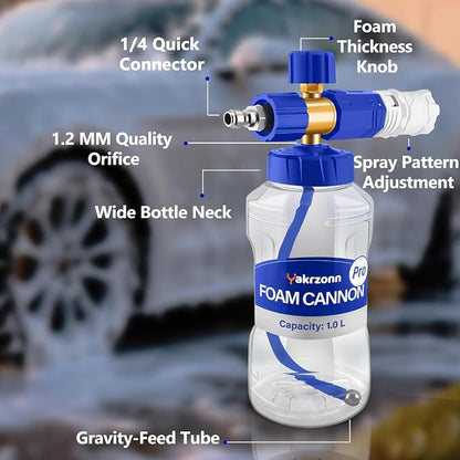 Foam Cannon for Pressure Washer, Professional Car Cannon Lance, 1L Wide Mouth Bottle, 1/4 Inch Quick Connector, 4000 PSI, 360 Rotatable Nozzle, Adjustable Thick Snow Foam, 1.2mm Orifice