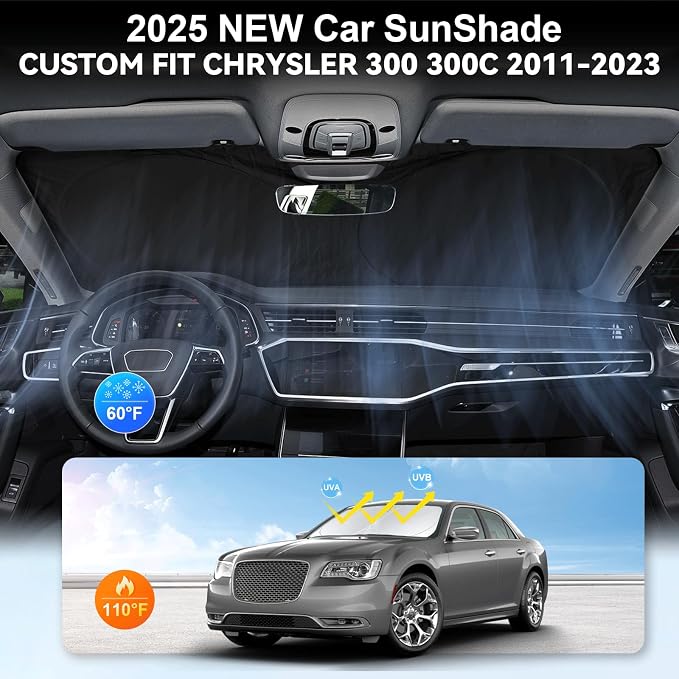 Sunshade for Chrysler 300 Windshield Sun Shade for Chrysler 300 300C 2011-2023 2024 2025 Car Accessories Foldable Front Window Shield Cover Sun Visor Protector 2 Layers Block UV Rays Heat with Pouch