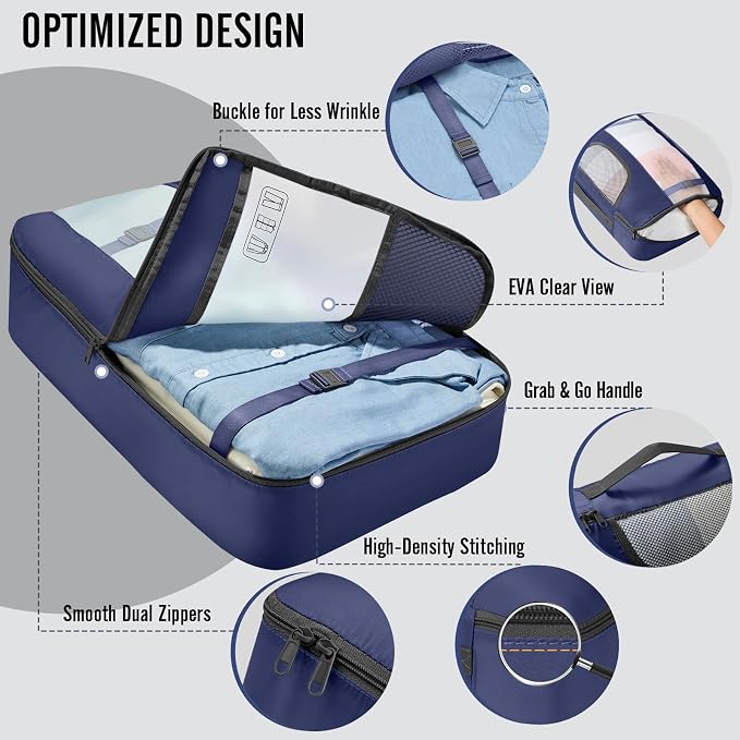 Veken 10 Set Packing Cubes for Travel Essentials,Anti-Wrinkle Buckled Suitcase Organizer for Shoe & Toiletry Bag,Carry On Luggage Bag with 99+ Count Mesh Holes for Airplane & College Dorm Accessories