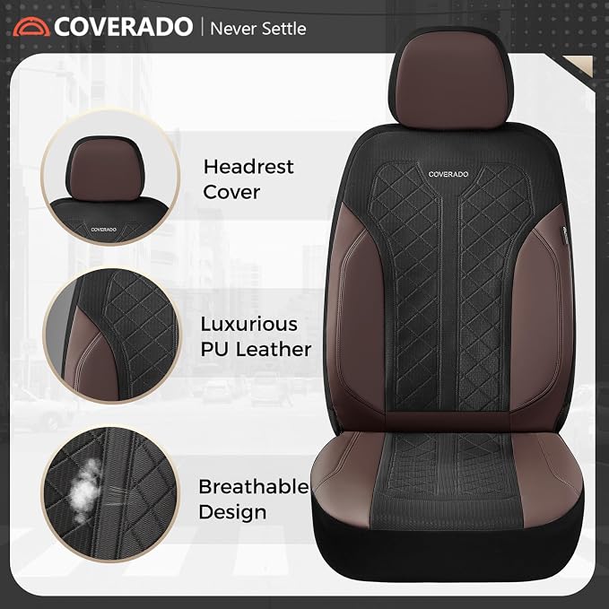 Coverado Seat Covers for Car 5 Seats, Leather Car Seat Covers Fullset, Breathable Mesh Front and Rear Protectors, Coffee Luxury Automotive Covers, Universal Fit for SUV, Truck, Sedan