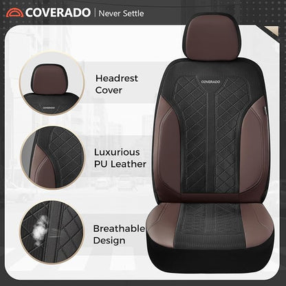 Coverado Seat Covers for Car 5 Seats, Leather Car Seat Covers Fullset, Breathable Mesh Front and Rear Protectors, Coffee Luxury Automotive Covers, Universal Fit for SUV, Truck, Sedan