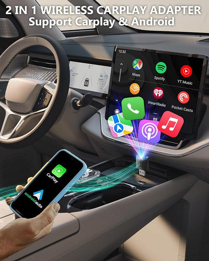 2026 Wireless Carplay Adapter-Android Auto Wireless Adapter 2 in 1, 5.4/6GHz Carplay Bluetooth Adapter Plug and Play Auto Reconnect, Mini Size with USB&Type-C Extension Cable,for iPhone & Android