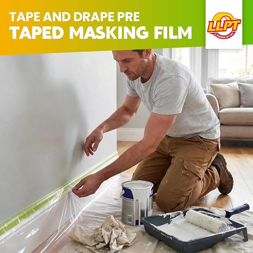 LLPT Pre-Taped Masking Film, 106.3" Unfolded x 66Ft, 0.31 Mil, 2 Pack | Static-Cling, Disposable, Solvent & Oil Resistant Bleed-Proof Low Tack No Residue for Auto Wall Furniture Painting Protection