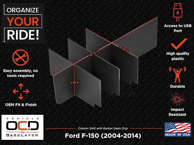 Vehicle OCD - Center Console Organizer for Ford F150 (2004-2014) (Column Shift w/Bucket Seats Only) - Made in USA - SLX104
