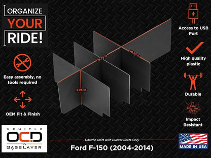 Vehicle OCD - Center Console Organizer for Ford F150 (2004-2014) (Column Shift w/Bucket Seats Only) - Made in USA - SLX104
