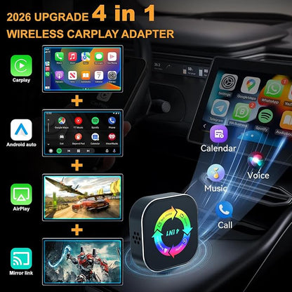 2026 Upgraded Wireless Carplay Adapter, 4 in 1 Screen Mirroring Support Mirror Link/AirPlay for Apple CarPlay & Android Auto, Mini USB/Type-C Plug & Play Car Play Adapter, Wired to Wireless