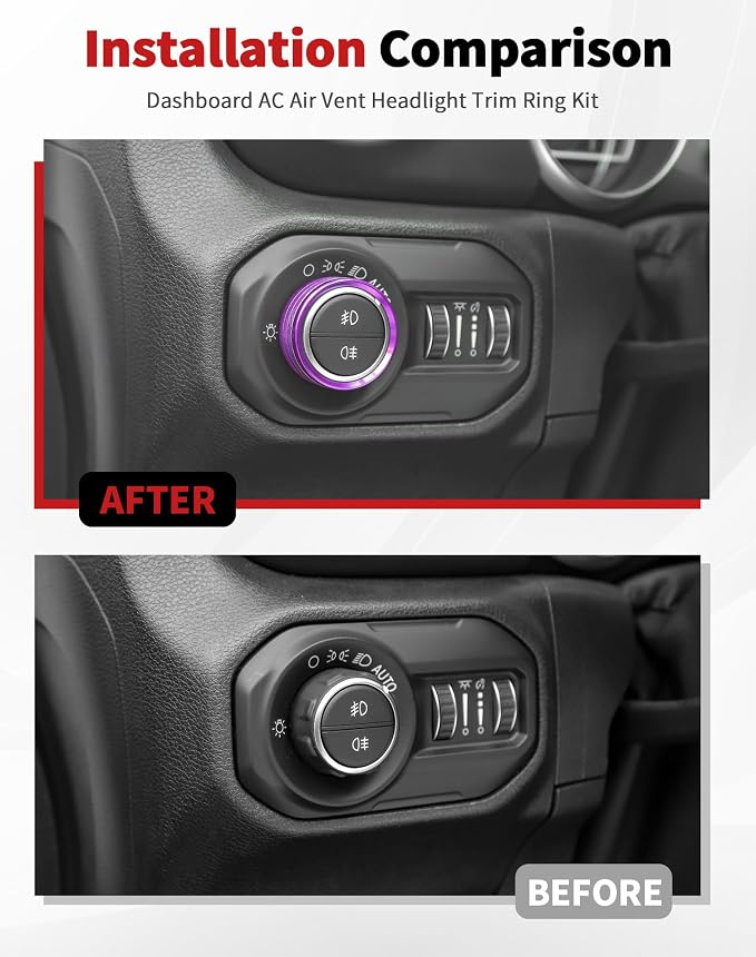 JWWY JL AC Air Vent Trim Rings & Dashboard Headlight Switch Decor Switch Knob Cover Kit Fit for 2018-2023 Jeep Wrangler JL JLU Interior Accessories, Aluminum Alloy 8PCS Purple