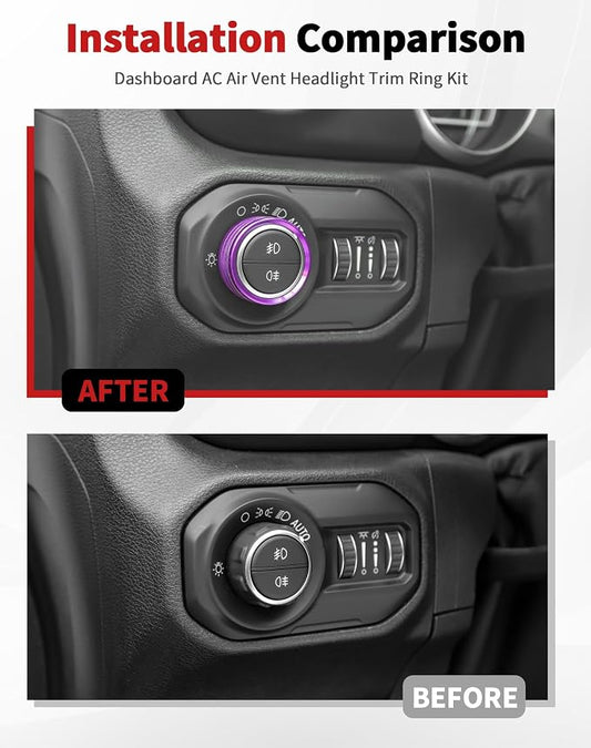 JWWY JL AC Air Vent Trim Rings & Dashboard Headlight Switch Decor Switch Knob Cover Kit Fit for 2018-2023 Jeep Wrangler JL JLU Interior Accessories, Aluminum Alloy 8PCS Purple