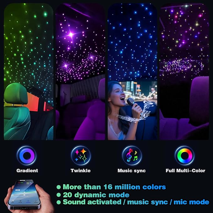 Twinkle Starlight Headliner Light,32W 1000pcs 13.1ft LED Star Ceiling Fiber Optic Light Kit APP/Remote Control for Car/Home/Party