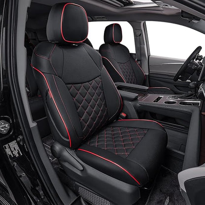 EKR Sienna Seat Covers for 2011-2020 Toyota Sienna LE,XLE, SE,XLE Premium 2nd Row 4/2/4 Split,8 Seats,Waterproof Car Seat Cover Full Set,Car Seat Protectors- Three Row,Leather(Black with Red Piping)
