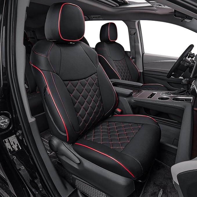 EKR Sienna Seat Covers for 2011-2020 Toyota Sienna L,LE,XLE,Limited,7 Seats,2nd Row Captain Seats W/NO Legrest,Waterproof Car Seat Cover Full Set,Car Seat Protectors-Leather(Black with Red Piping)