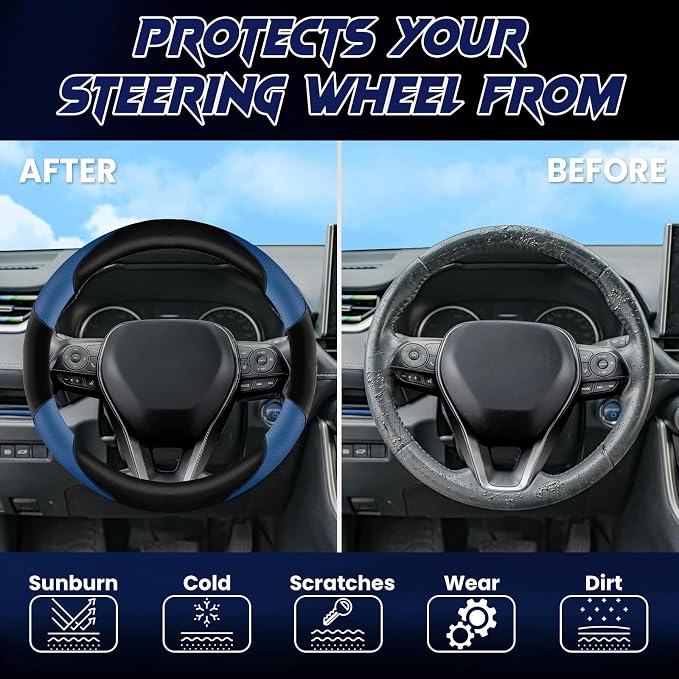 Soft Leather Steering Wheel Cover with Breathable Design and Anti-Slip Grip, Fully Compatible with Tesla, Toyota, Honda, Nissan 14.5-15.2 inch Round Steering Wheel（Sedans and SUVs）
