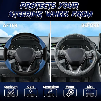 Soft Leather Steering Wheel Cover with Breathable Design and Anti-Slip Grip, Fully Compatible with Tesla, Toyota, Honda, Nissan 14.5-15.2 inch Round Steering Wheel（Sedans and SUVs）