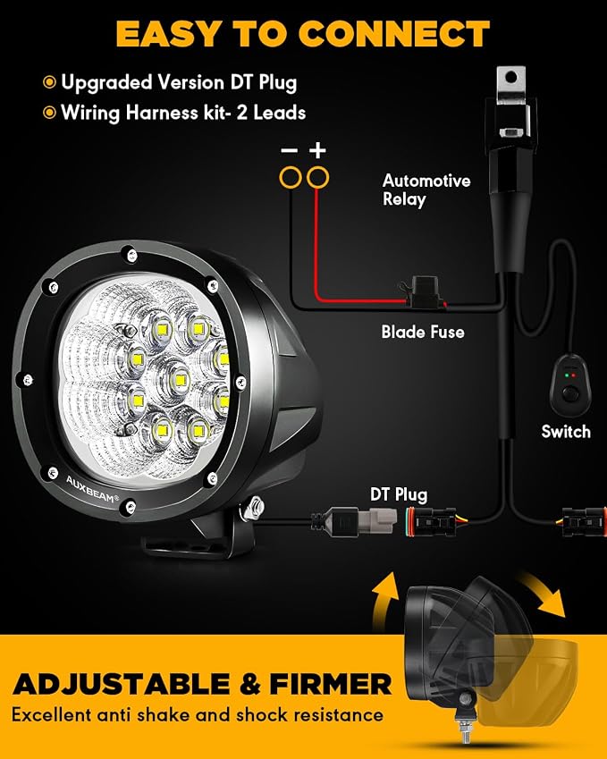 Auxbeam 4 Inch Round LED Light Pods, 90W Offroad Flood White Light Bar, Super Bright 9000LM Driving Work Light with DT Plug Wiring Harness Kit for Truck Boat Pickup ATV UTV SUV-2PCS
