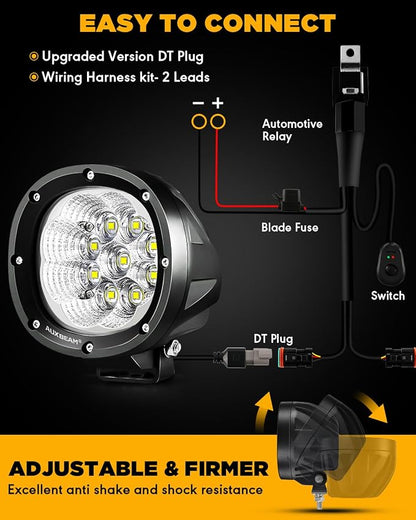 Auxbeam 4 Inch Round LED Light Pods, 90W Offroad Flood White Light Bar, Super Bright 9000LM Driving Work Light with DT Plug Wiring Harness Kit for Truck Boat Pickup ATV UTV SUV-2PCS