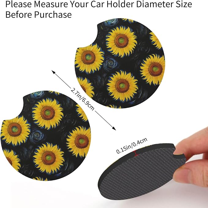Sunflower Steering Wheel Cover Universal 14-15 Inch Breathable Anti Slip with 2 Pieces Car Coasters Sunflower Car Accessories Decor for Men Women