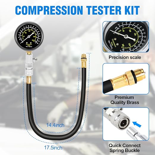BETOOLL 9pcs Petrol Engine Cylinder Compression Tester Kit with Spark Plug Gap Tool 32 Blades Steel Feeler Gauge 300PSI Engine Cylinder Compression Gauge Automotive Tool
