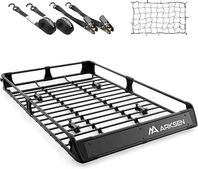 ARKSEN 2-in-1 Foldable Fairing Roof Rack Cargo Basket with Net & Straps, 64" x 39" Heavy Duty Steel Rooftop Carrier, 250 lbs Max Load, Fits SUV Truck Pickup for Kayaks, Canoes & Luggage