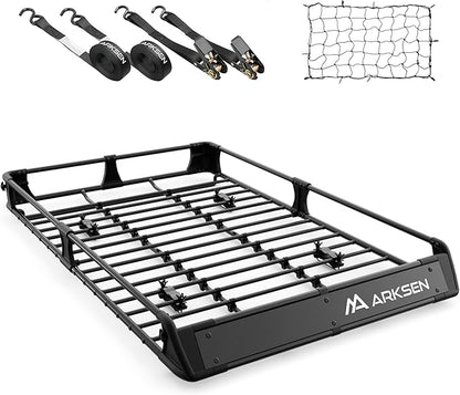 ARKSEN 2-in-1 Foldable Fairing Roof Rack Cargo Basket with Net & Straps, 64" x 39" Heavy Duty Steel Rooftop Carrier, 250 lbs Max Load, Fits SUV Truck Pickup for Kayaks, Canoes & Luggage