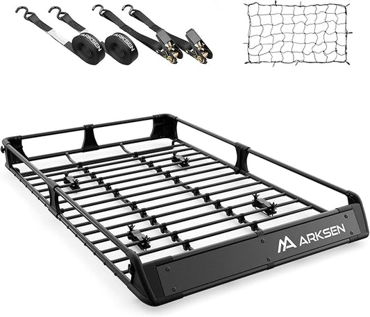 ARKSEN 2-in-1 Foldable Fairing Roof Rack Cargo Basket with Net & Straps, 64" x 39" Heavy Duty Steel Rooftop Carrier, 250 lbs Max Load, Fits SUV Truck Pickup for Kayaks, Canoes & Luggage