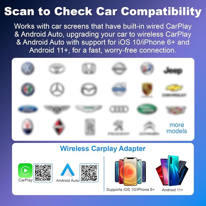 2026 Upgraded Mini Bluetooth 2-in-1 Plug & Play Car Audio Adapter, Wireless Android Auto Adapter, Car Play Wireless Adapter, Fast Auto-Connect Compatible with iPhone iOS 10+ & Android 11+ Cars