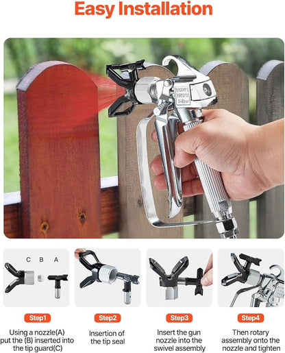 VEVOR Airless Paint Spray Gun, 3600PSI High Pressure Airless Paint Sprayer Gun with 5 Tips, 211, 315, 417, 517, 623, Swivel Joint Airless Spray Gun Kit with Filters, Cleaning Needle and Brush
